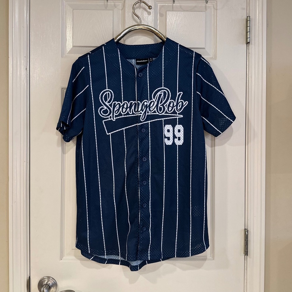 Nickelodeon SpongeBob SquarePants Baseball Jersey Navy Pinstripe Mesh Shirt M